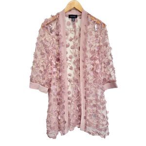 R&M Richard’s Long Cardigan Size 16 Pink 3D Floral 3/4 Sleeves NEW